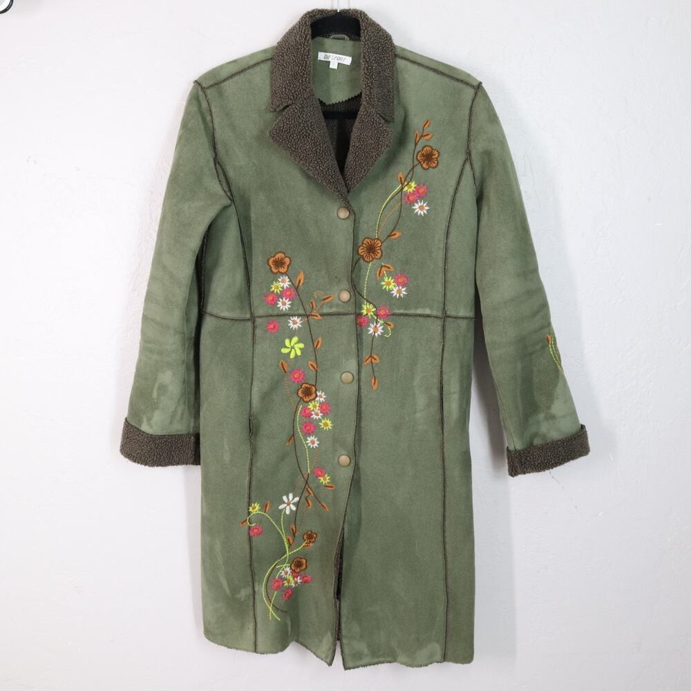 DB Sport Bohemian Coat S Green Faux Suede Shearling Floral Embroidered Knee